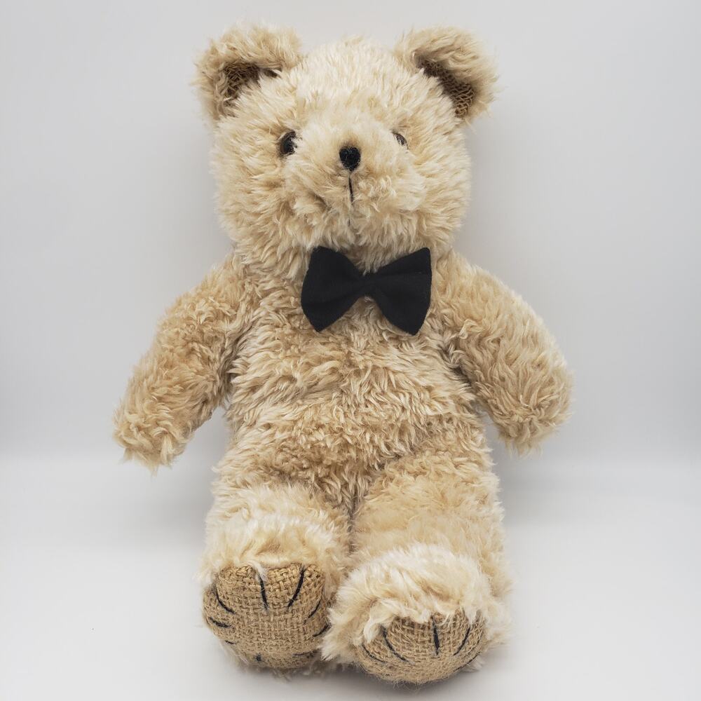Toys House 13" Fancy Beige Teddy Bear w/ Bow Tie & Burlap Paws Ears